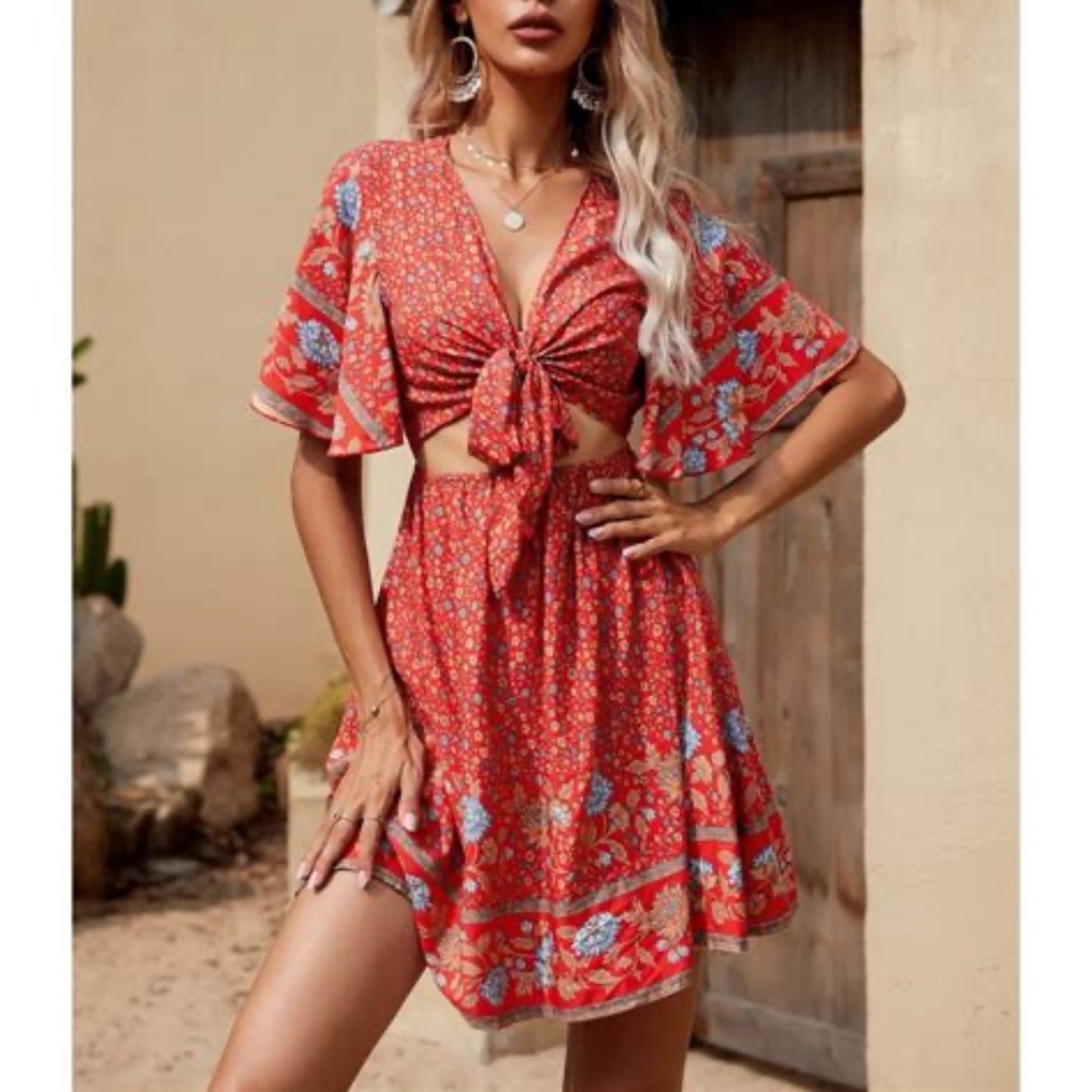 Floral Print Tie Front Peekaboo Butterfly Sleeve A-line Dress M(6)